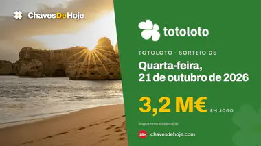 Totoloto de quarta-feira, 21 de outubro de 2026: jackpot de 3,2 M€, sorteio às 20:00